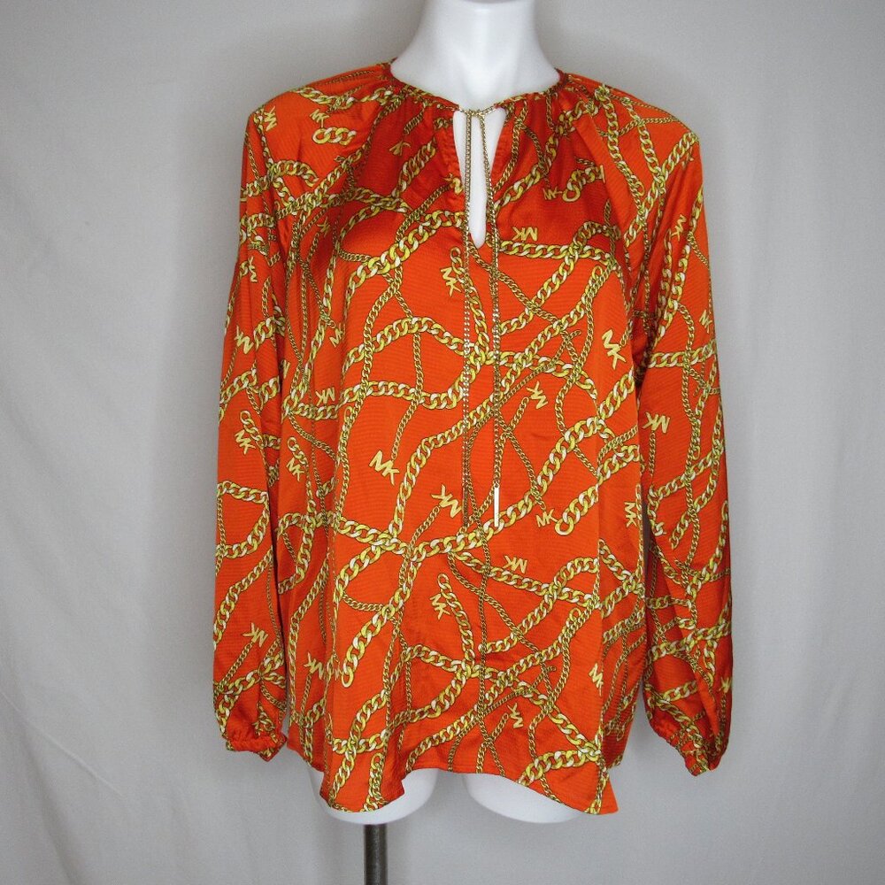 Michael Kors Orange Logo Chain Print Long Sleeve Blouse Women's L Large